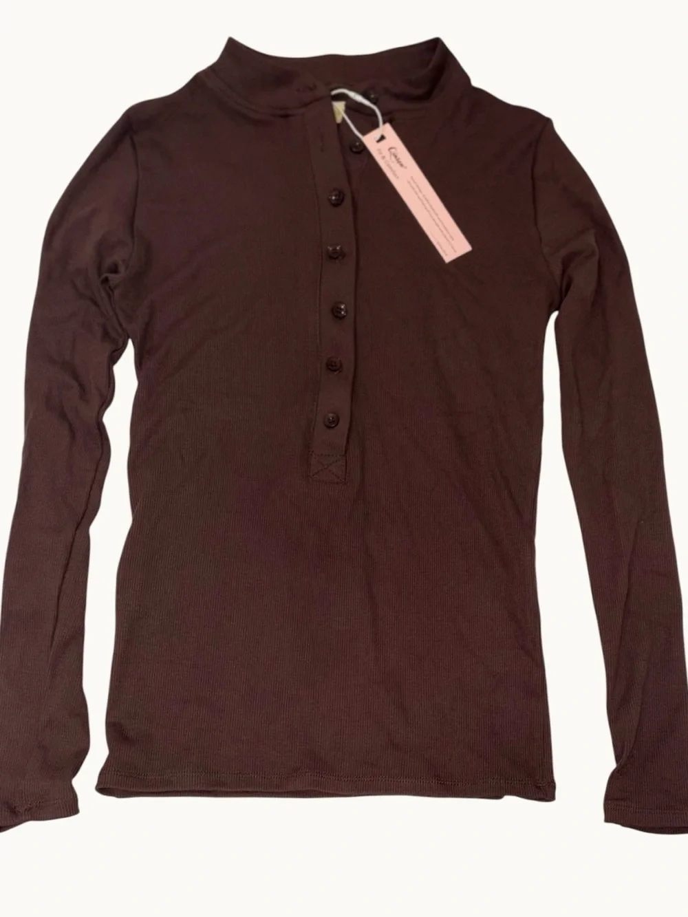 QINSEN Ribbed Long Sleeve Button Neck Top Brown Small NWT